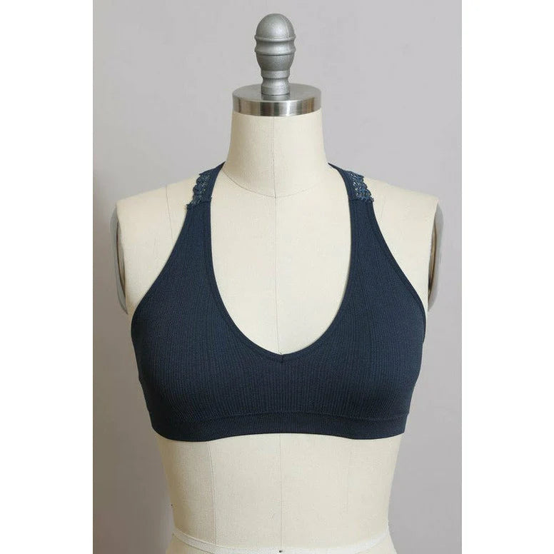 Seamlessly Perfect Lace Racerback Bralette- Blue Grey