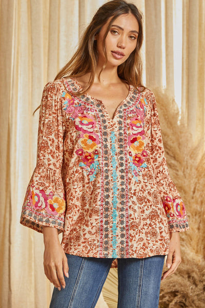 Southern Bell Sleeve Embroidered Top