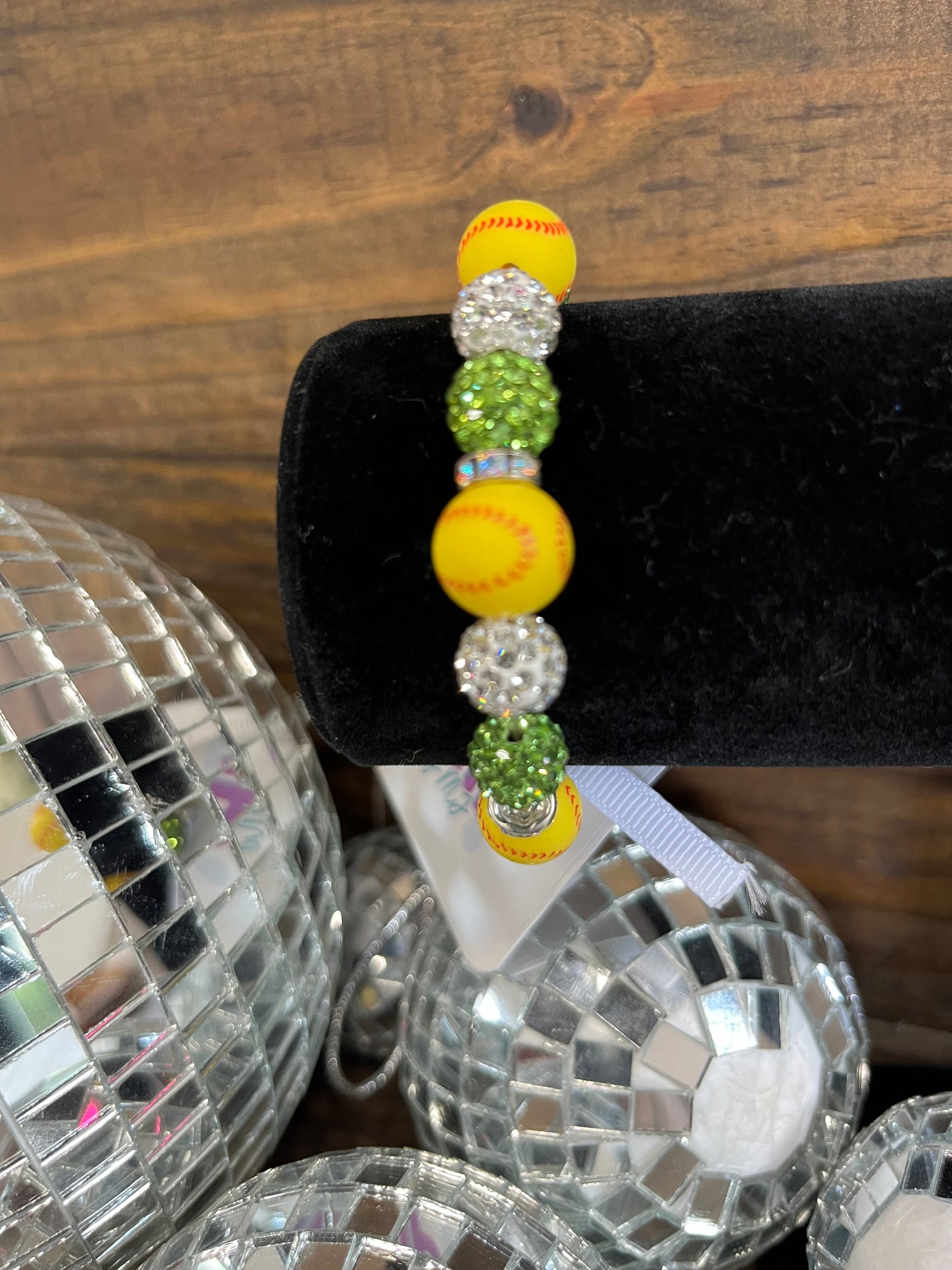 Light Green and Silver Softball Sparkle Bead Bracelet- kids