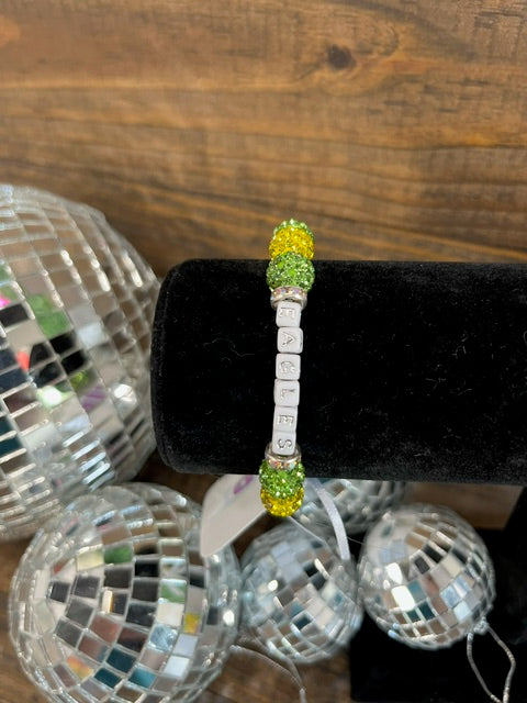 Green and Gold Silver Eagles Sparkle Bead Bracelet- adult