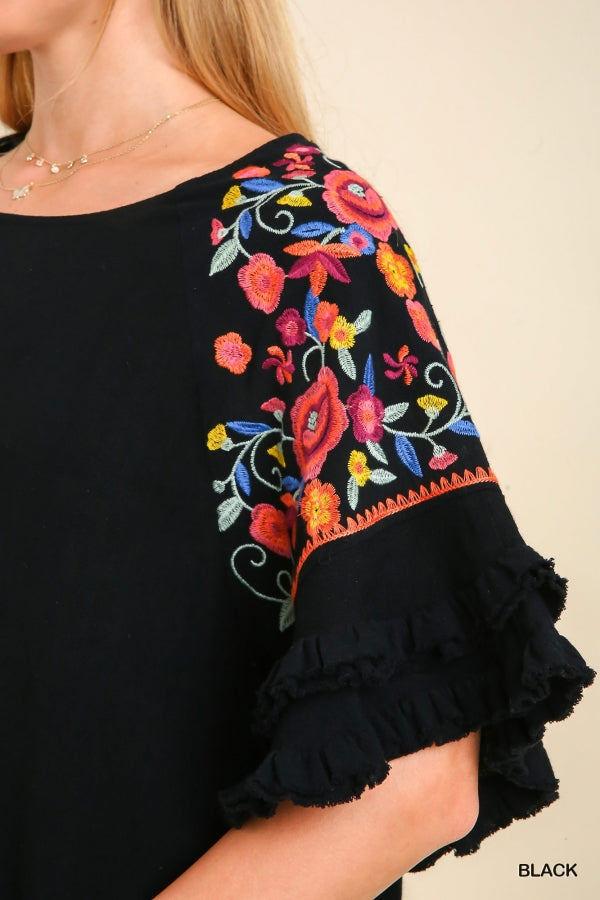Umgee Floral for the Win Embroidered Blouse- black