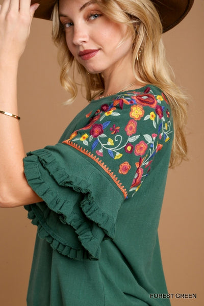 Umgee Floral for the Win Embroidered Blouse- sage