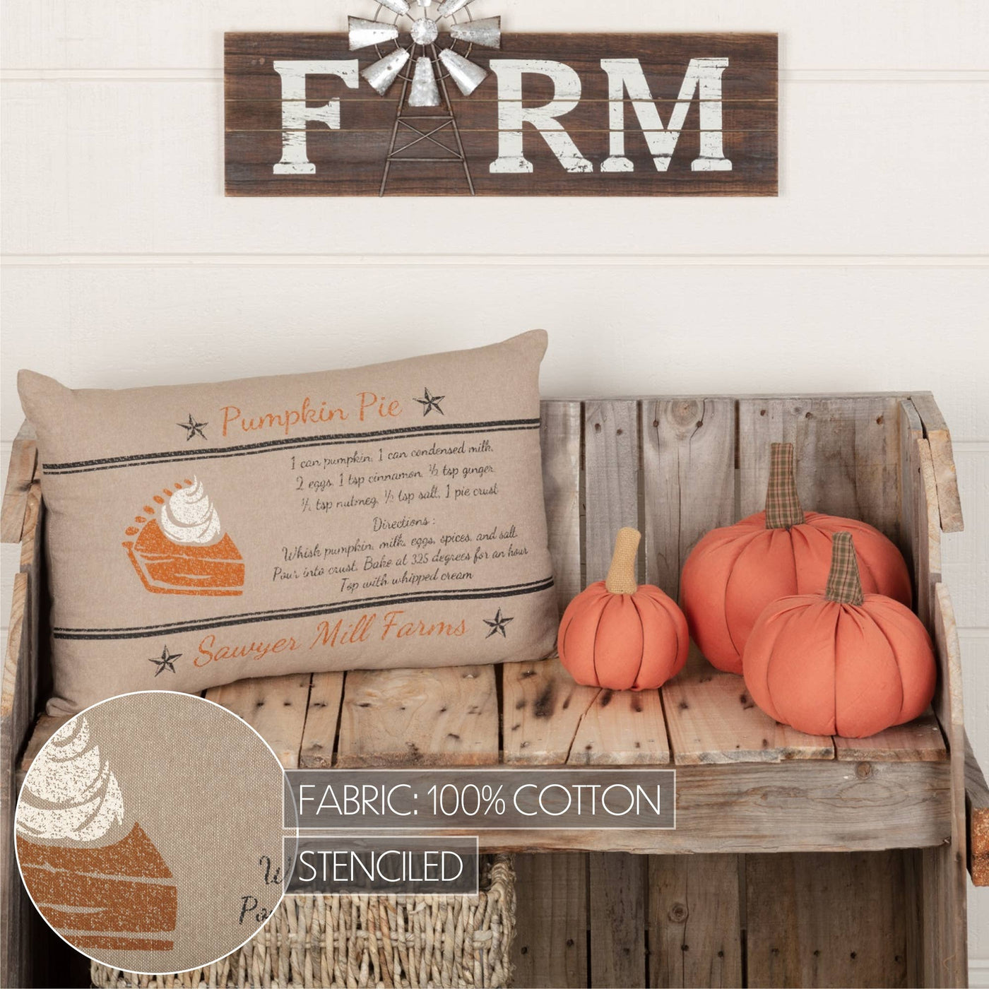 Sawyer Mill Charcoal Pumpkin Pie Recipe Pillow, 14x22